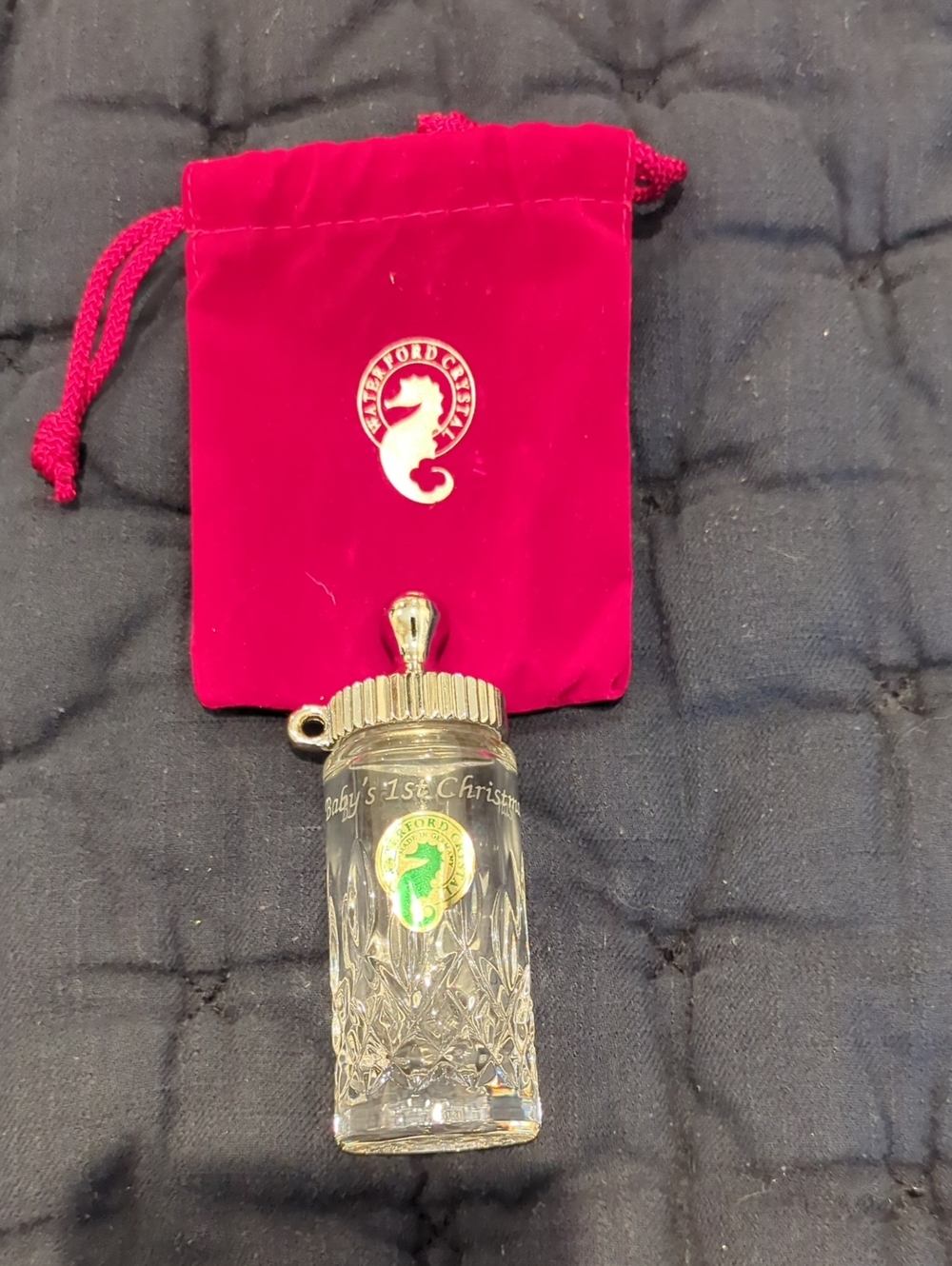 Waterford Crystal Clear Glass Baby Bottle Brooch with Pink Velvet Pouch